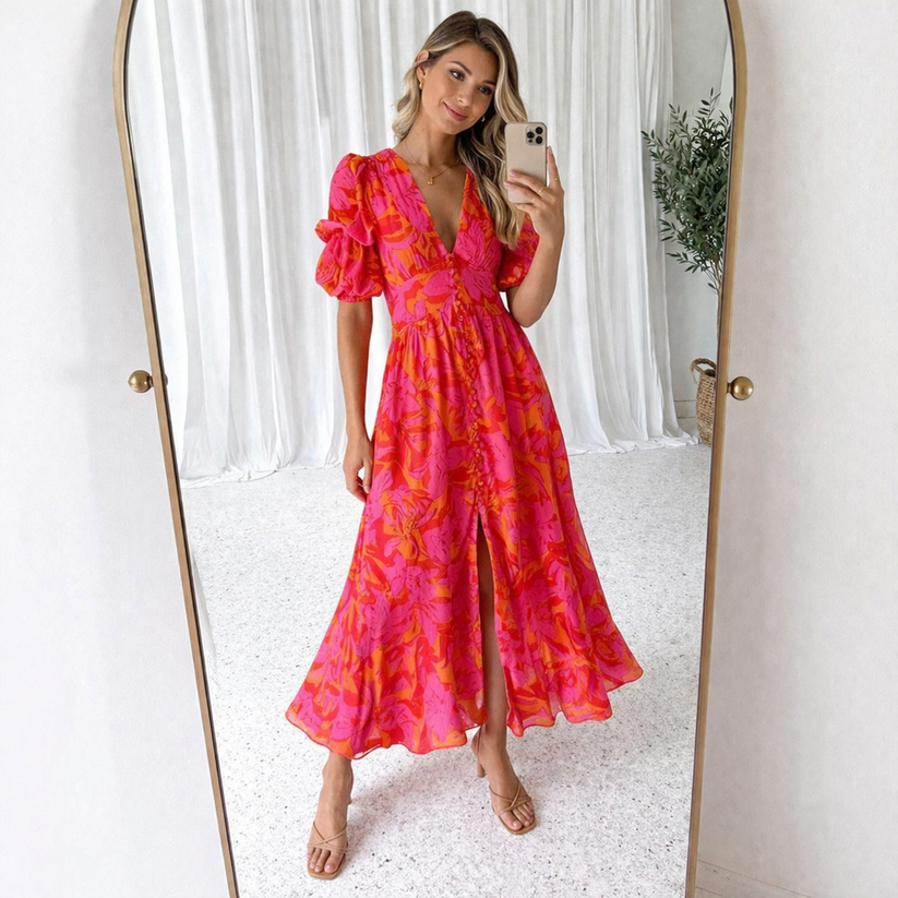 Damen Langes Kleid mit Muster und weiten Ärmeln