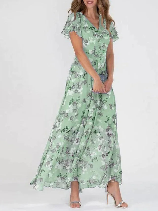 Langes Blumenkleid mit kurzen Ärmeln