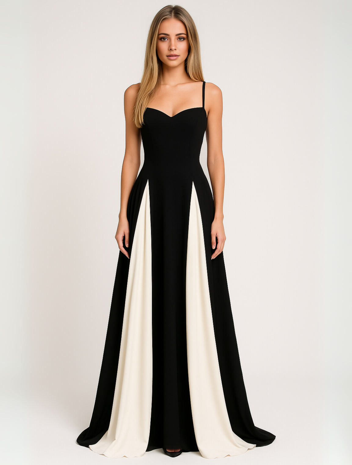 Maxikleid mit schmalen Trägern und Farbflächen
