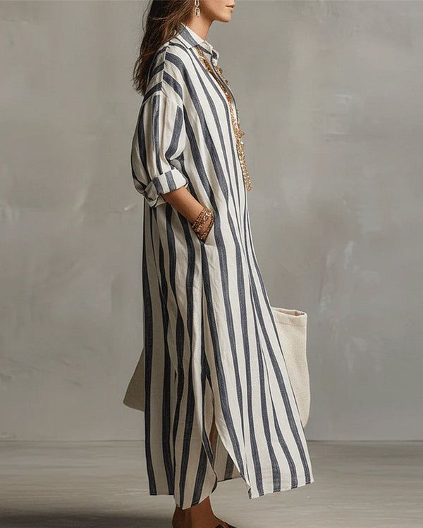 Langes Kleid mit Streifen und Kragenakzent Schlichte Gestaltung