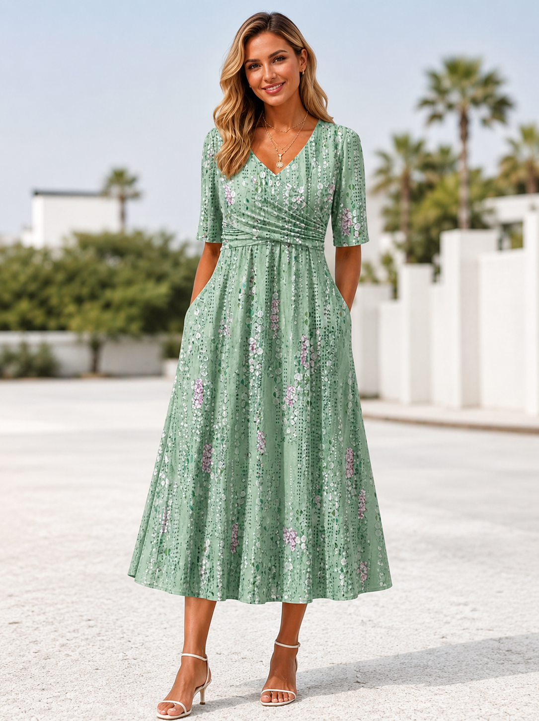 Midikleid mit Blumenmuster kurzen Ärmeln und V-Ausschnitt