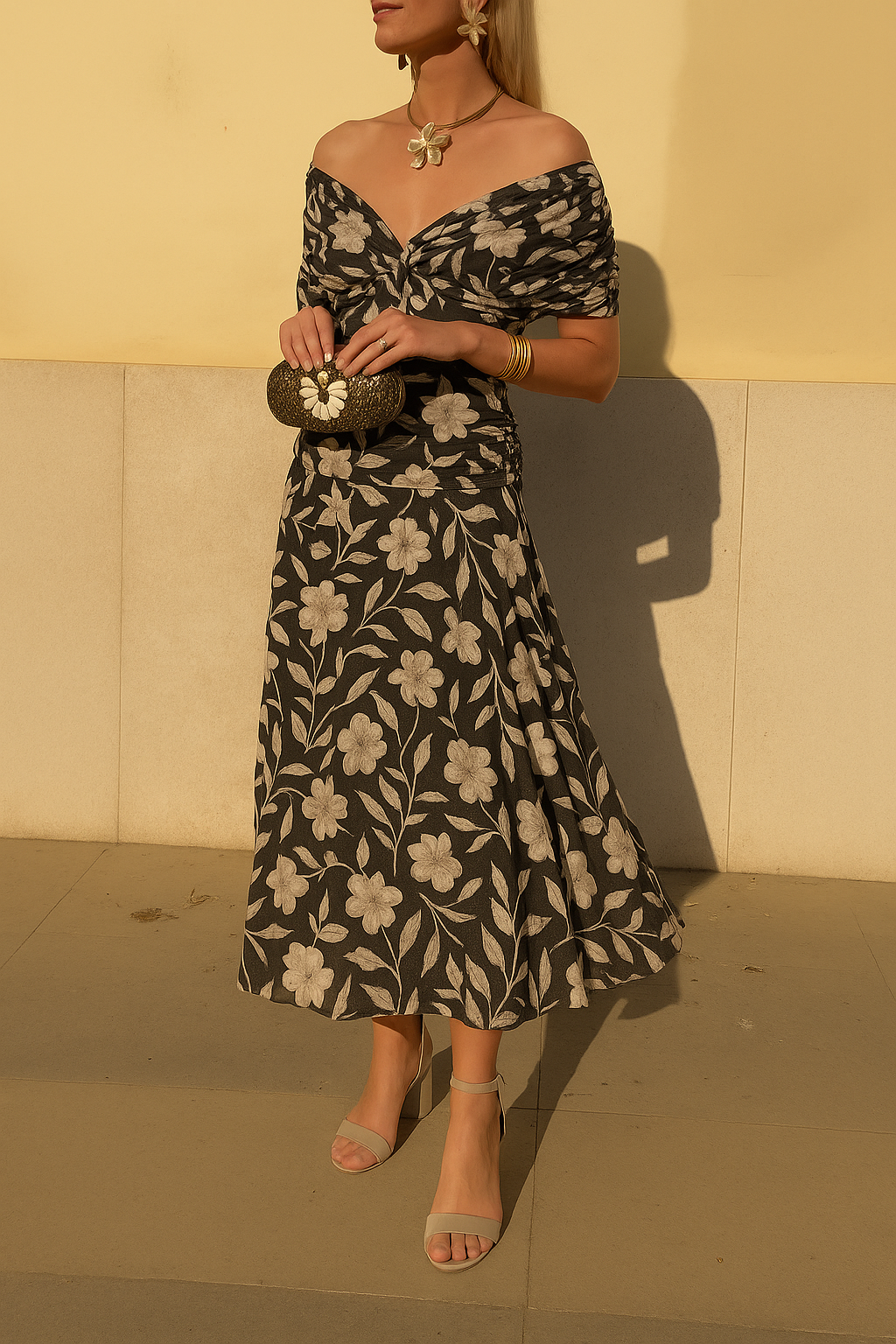 Midi Blumenkleid mit lockeren kurzen Ärmeln