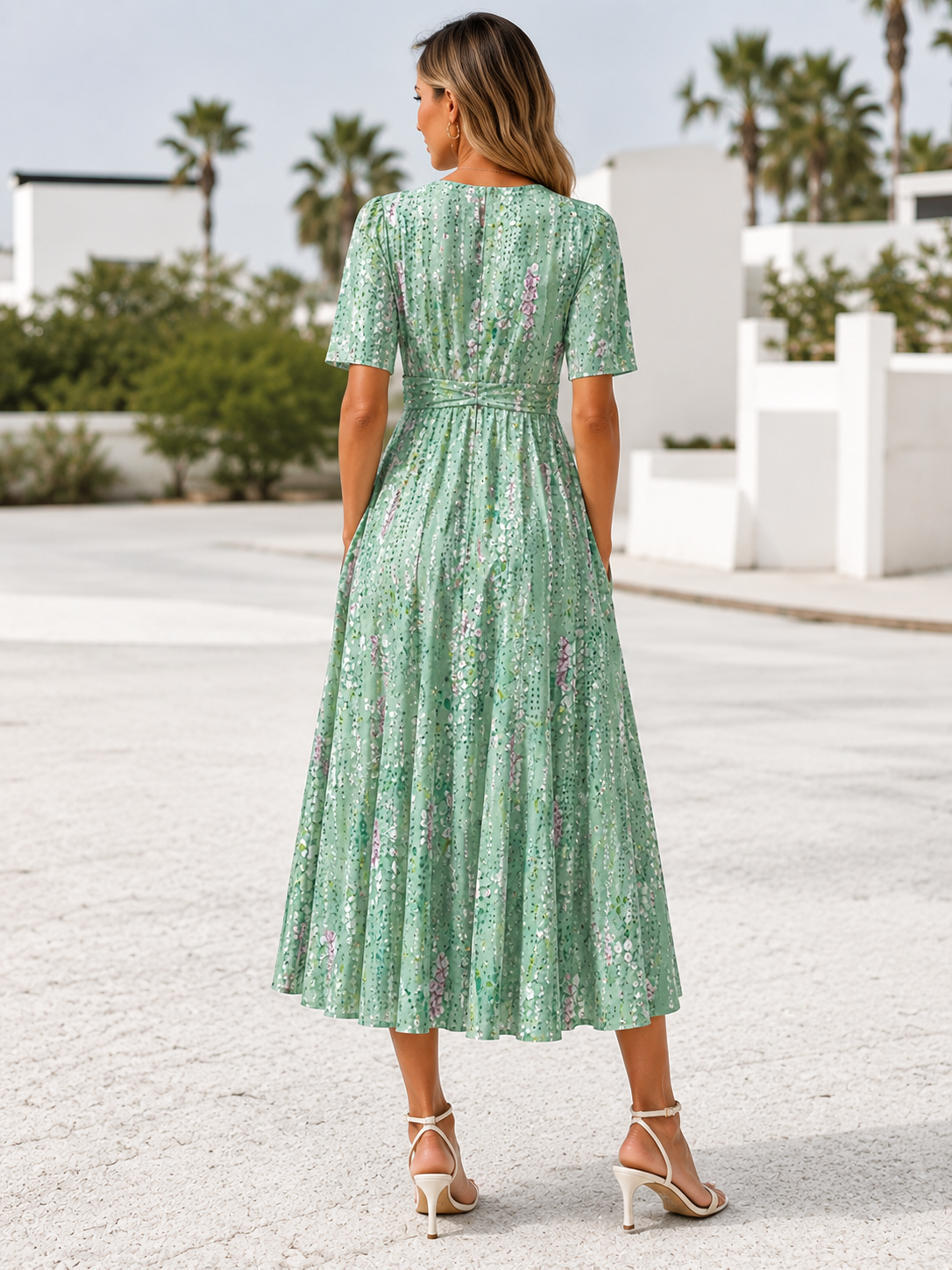 Midikleid mit Blumenmuster kurzen Ärmeln und V-Ausschnitt
