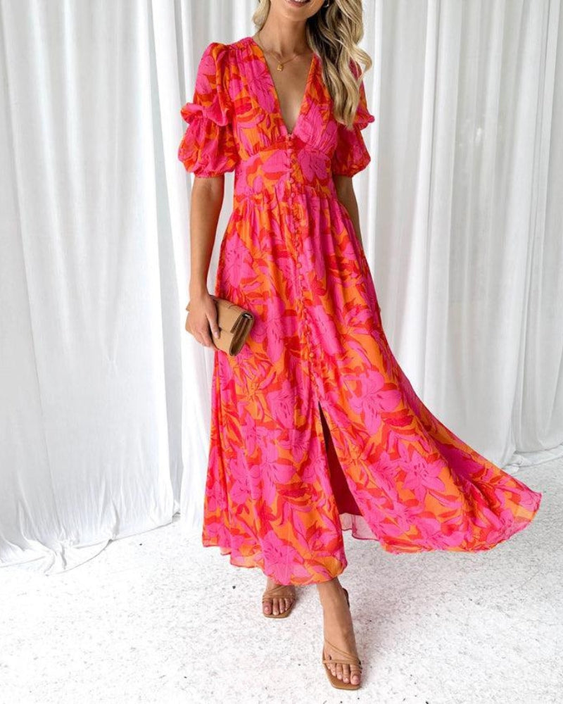 Damen Langes Kleid mit Muster und weiten Ärmeln