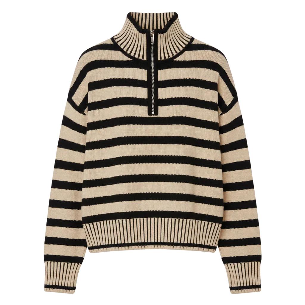Gestreifter Pullover mit Viertelreißverschluss für Frauen