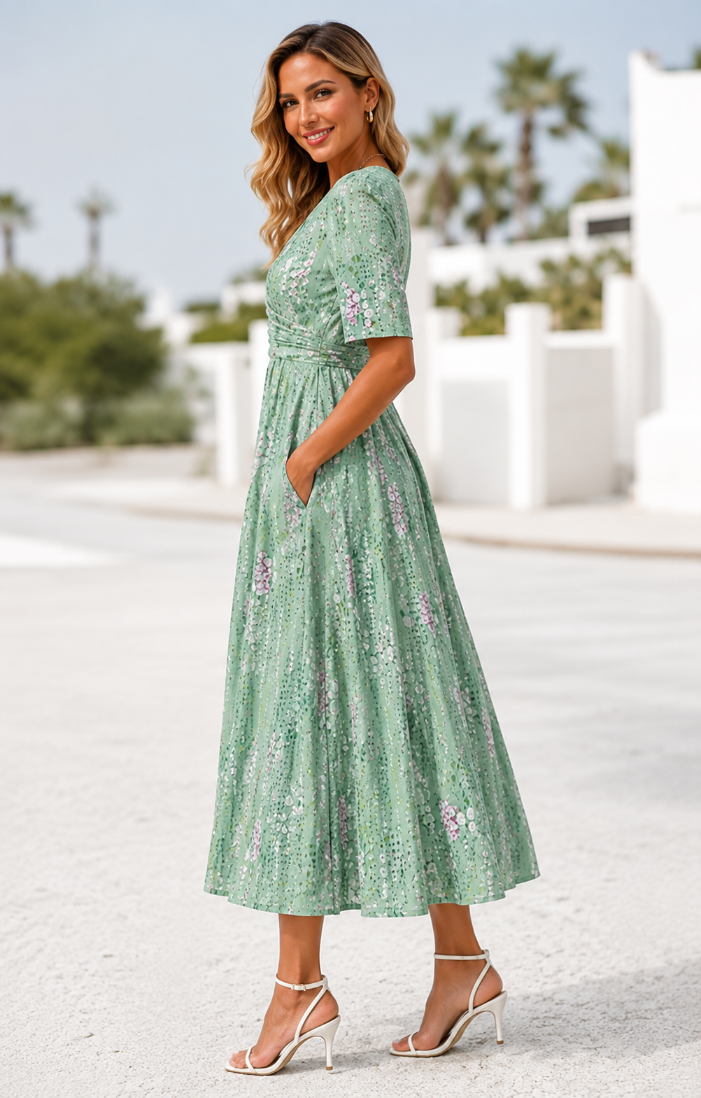 Midikleid mit Blumenmuster kurzen Ärmeln und V-Ausschnitt