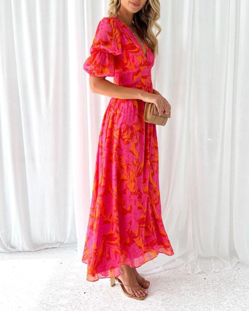 Damen Langes Kleid mit Muster und weiten Ärmeln