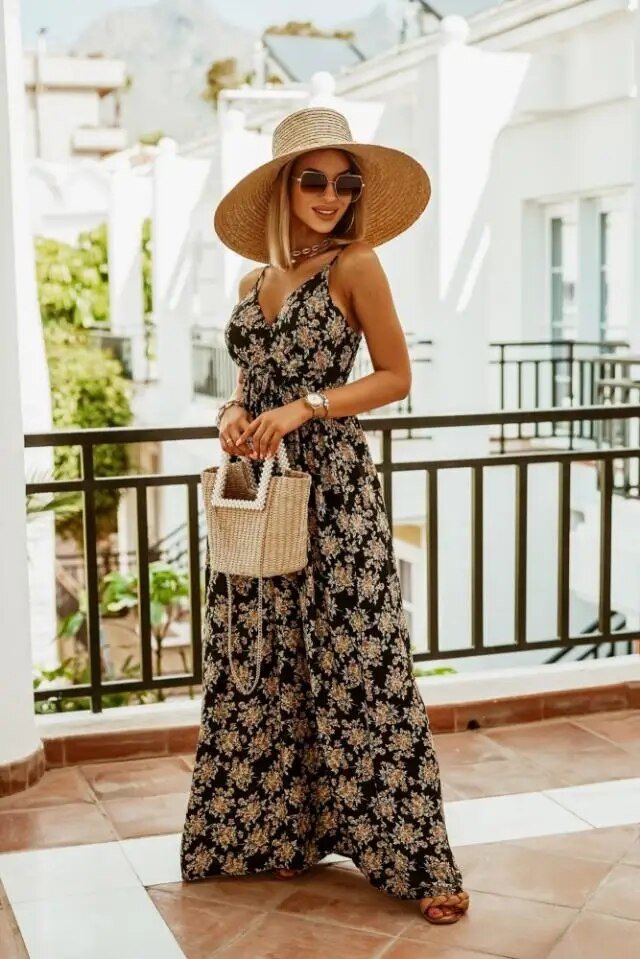 Böhmisches Bodenlanges Kleid mit Blumen und lockerer Form