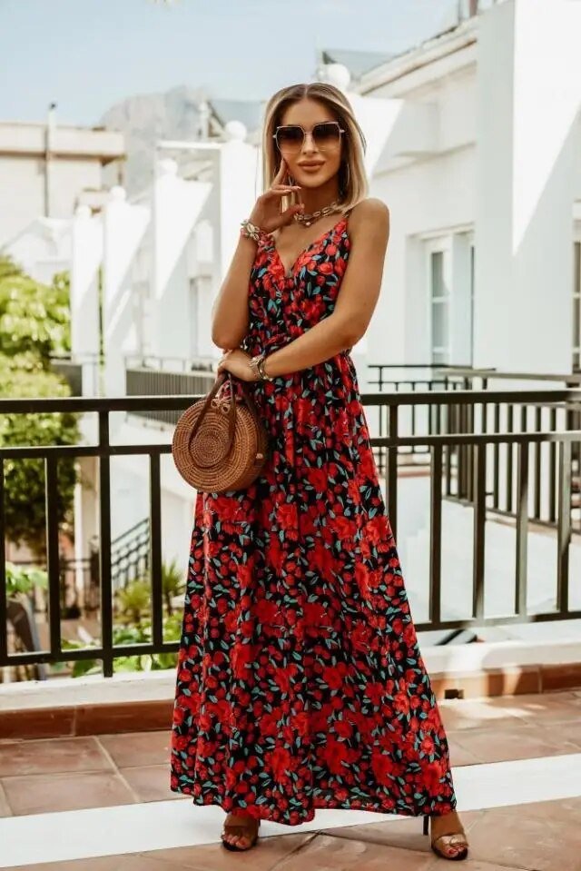 Böhmisches Bodenlanges Kleid mit Blumen und lockerer Form