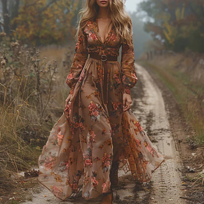 Boho Kleid lang mit Stickerei und V Ausschnitt