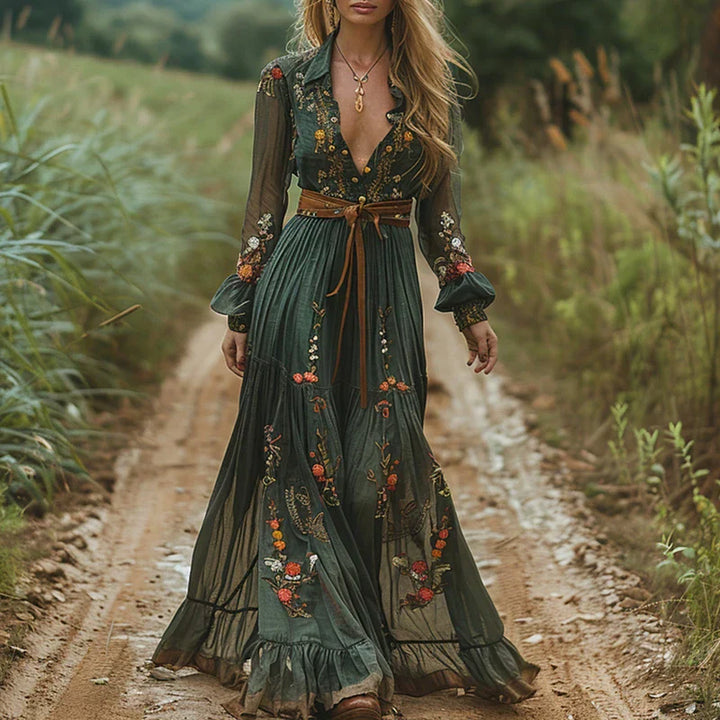Boho Kleid lang mit Stickerei und V Ausschnitt