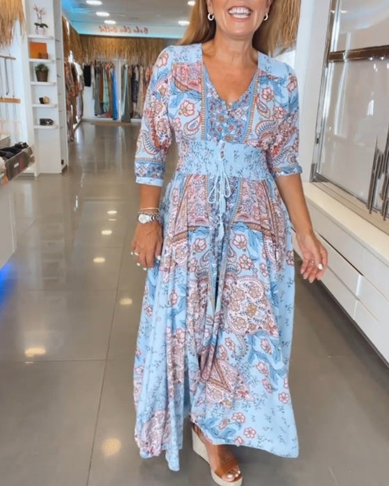 Boho Maxi Kleid mit V Ausschnitt und Dreiviertel Ärmeln