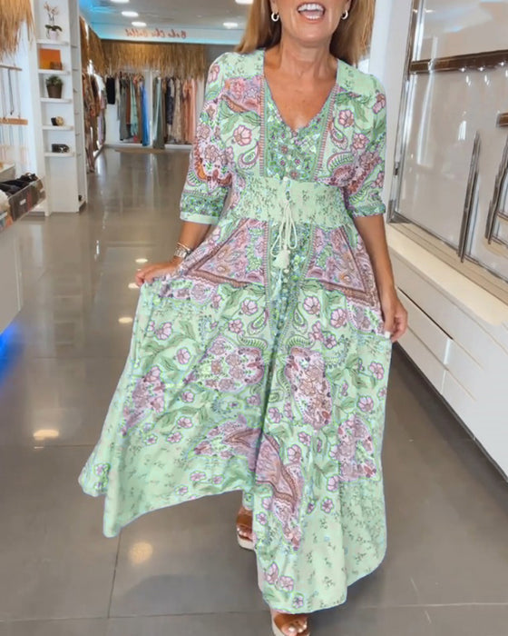 Boho Maxi Kleid mit V Ausschnitt und Dreiviertel Ärmeln