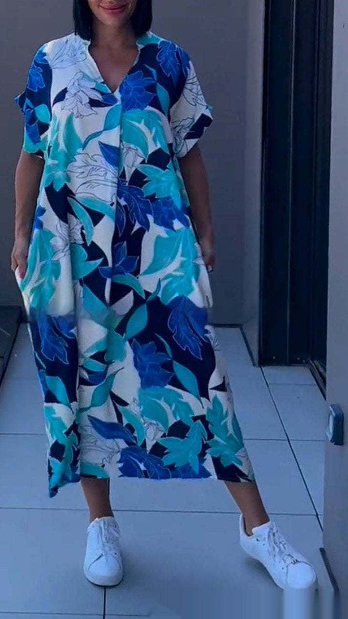Damen Langes Kaftan Kleid mit V Ausschnitt und Muster