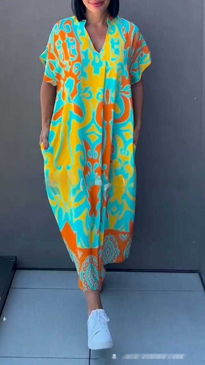 Damen Langes Kaftan Kleid mit V Ausschnitt und Muster