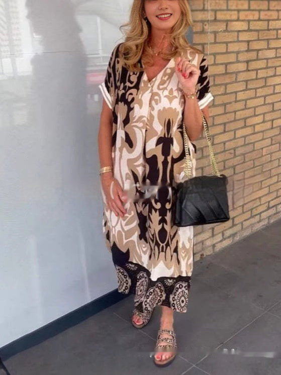 Damen Langes Kaftan Kleid mit V Ausschnitt und Muster