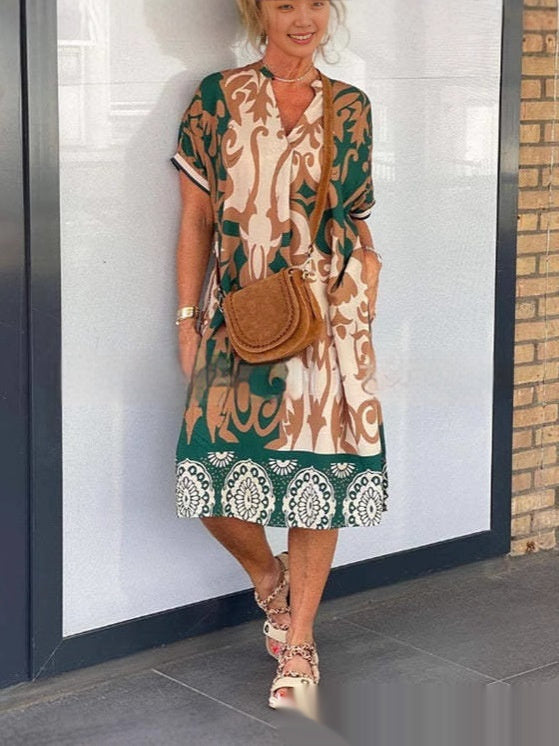 Damen Langes Kaftan Kleid mit V Ausschnitt und Muster