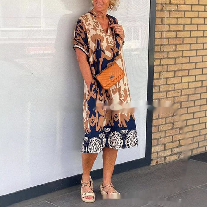 Damen Langes Kaftan Kleid mit V Ausschnitt und Muster
