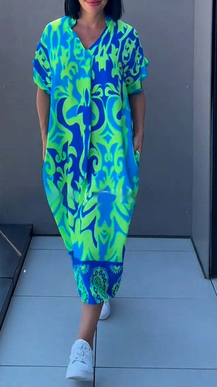 Damen Langes Kaftan Kleid mit V Ausschnitt und Muster