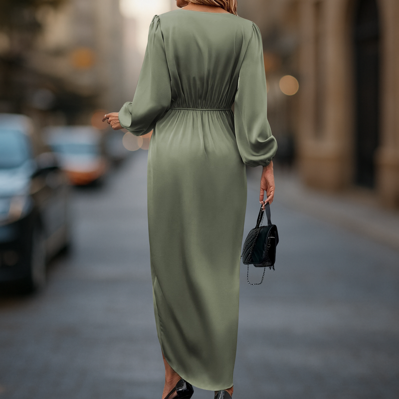 Damen Langes Kleid mit langen Ärmeln und V Ausschnitt