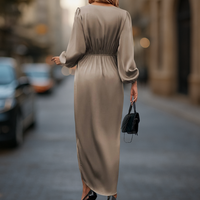 Damen Langes Kleid mit langen Ärmeln und V Ausschnitt