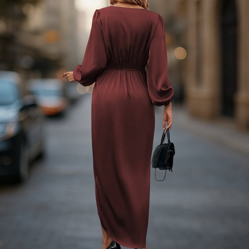 Damen Langes Kleid mit langen Ärmeln und V Ausschnitt