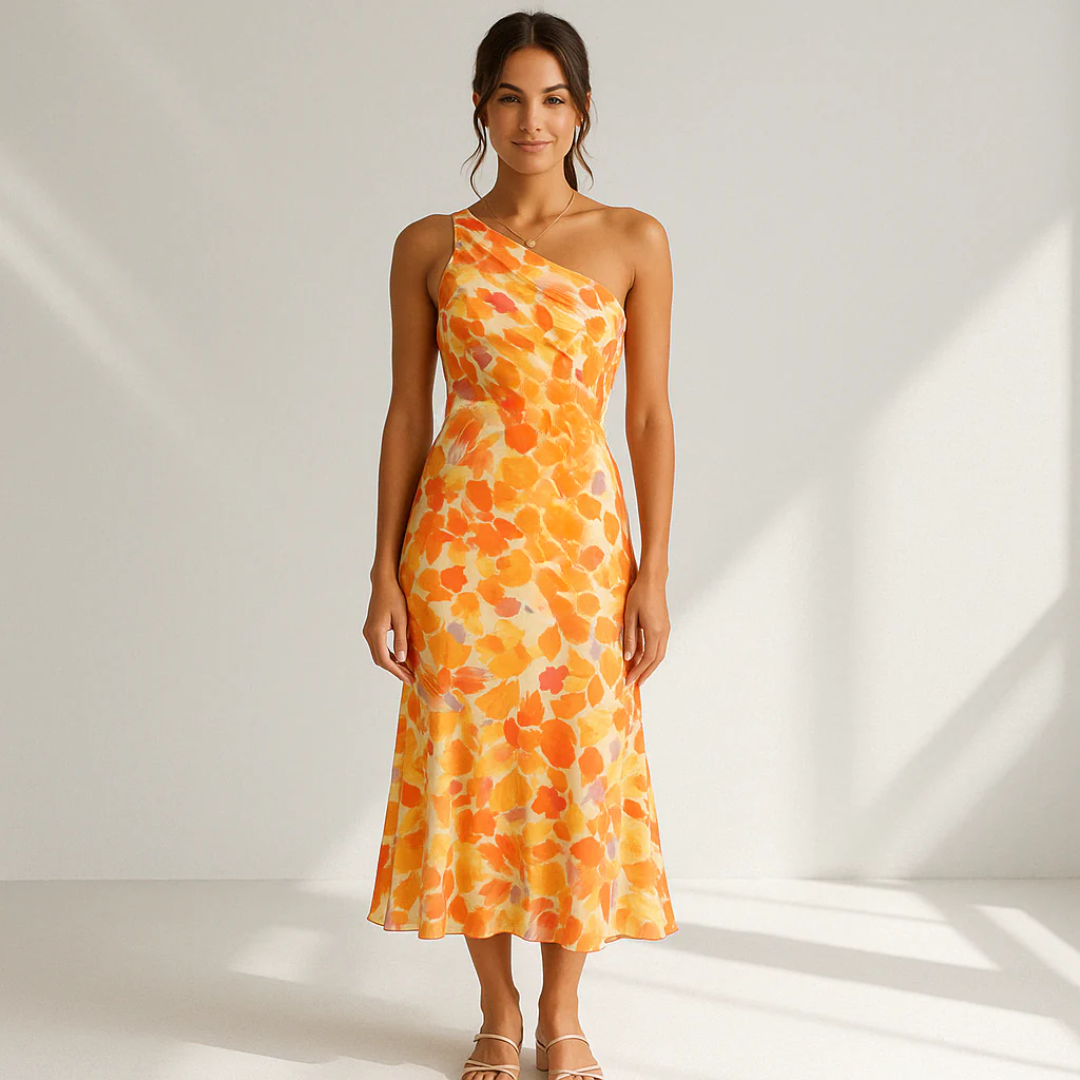 Damen Midi Kleid mit einer Schulter und asymmetrischer Struktur