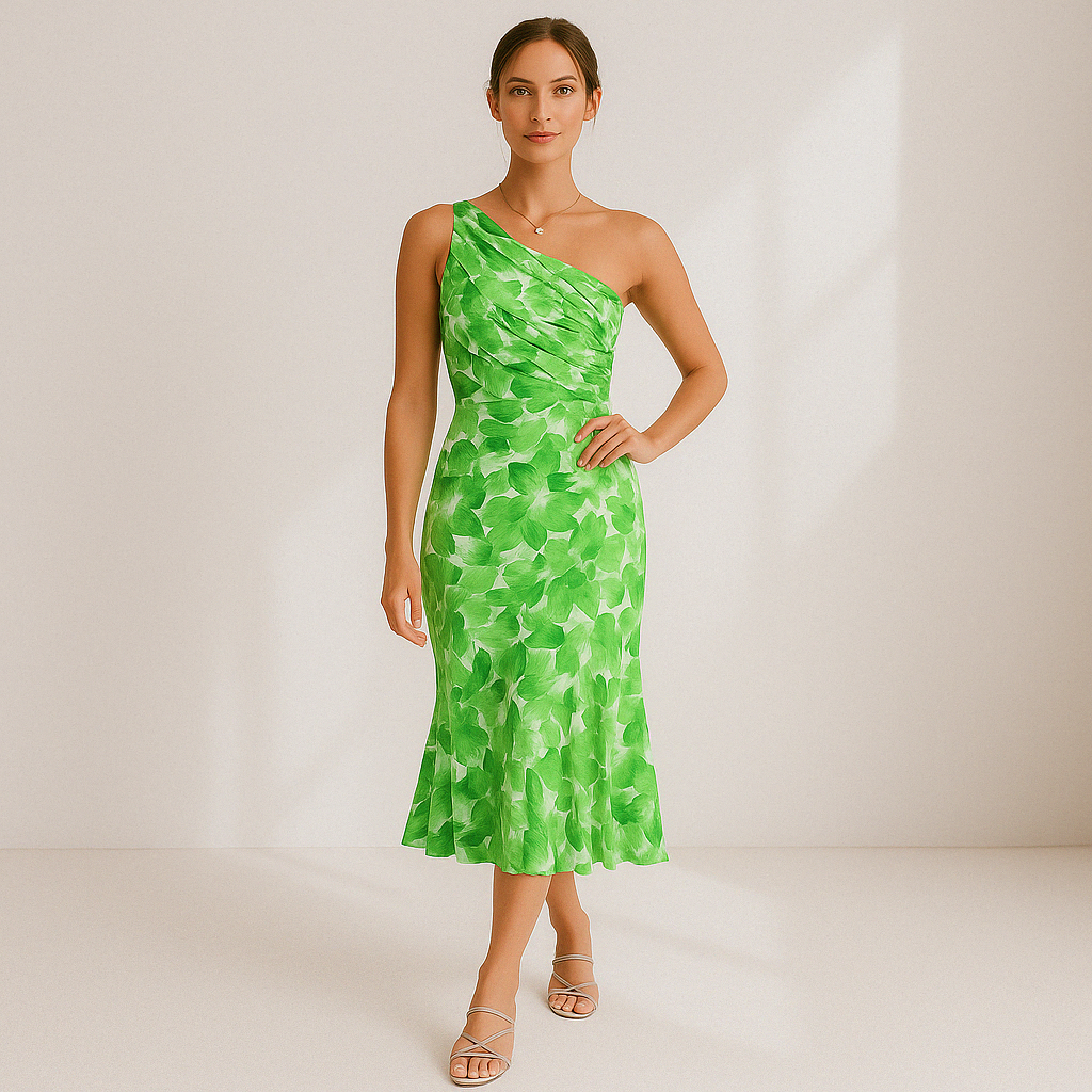 Damen Midi Kleid mit einer Schulter und asymmetrischer Struktur
