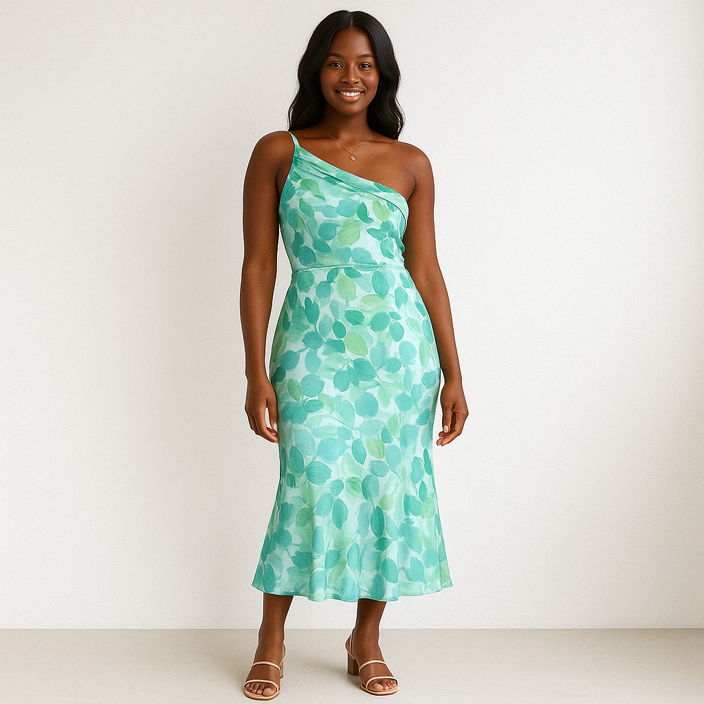 Damen Midi Kleid mit einer Schulter und asymmetrischer Struktur