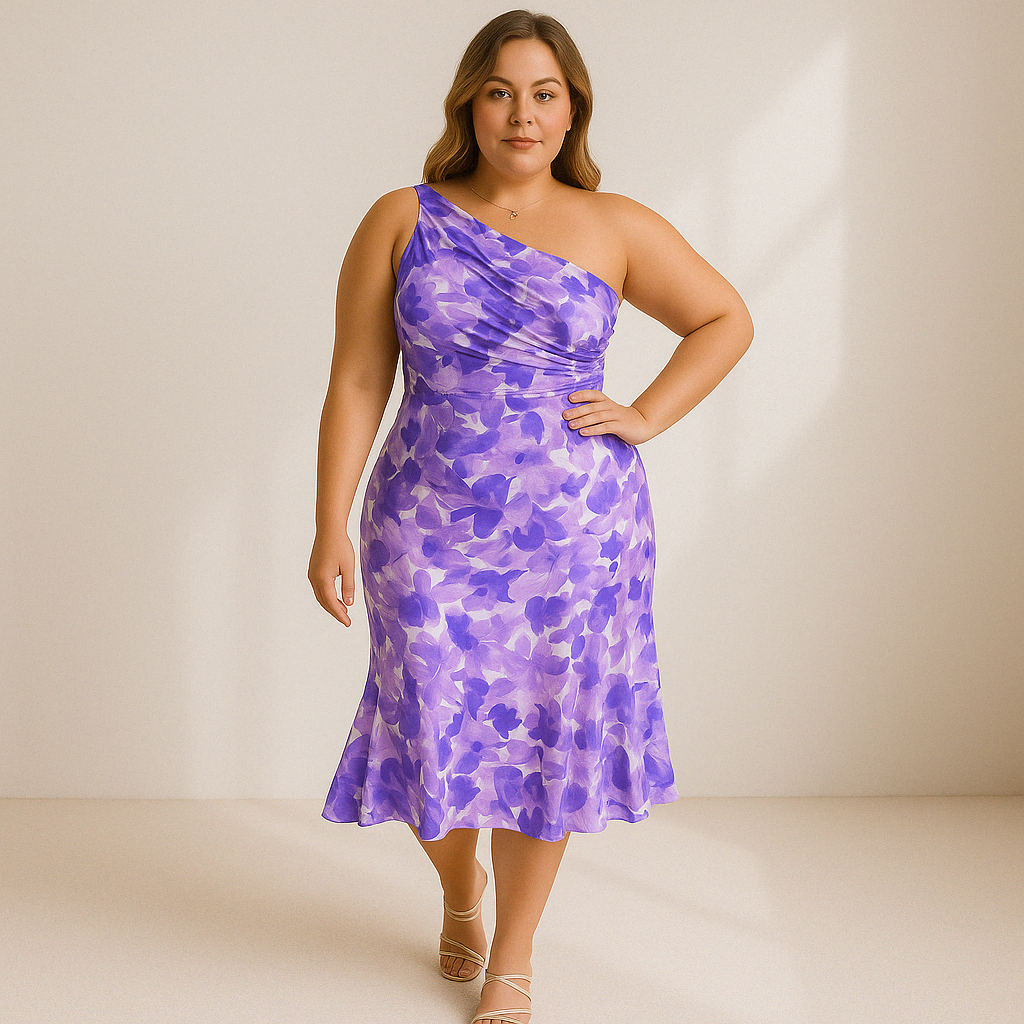 Damen Midi Kleid mit einer Schulter und asymmetrischer Struktur