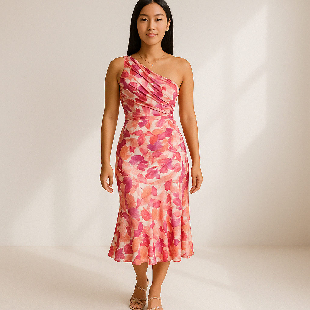Damen Midi Kleid mit einer Schulter und asymmetrischer Struktur