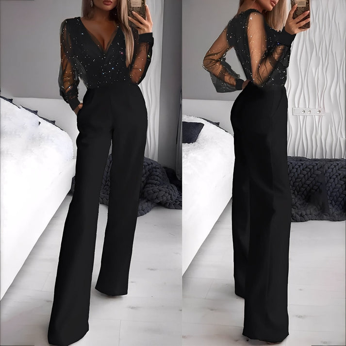 Eleganter Damenoverall mit weitem Bein und Glanzoptik