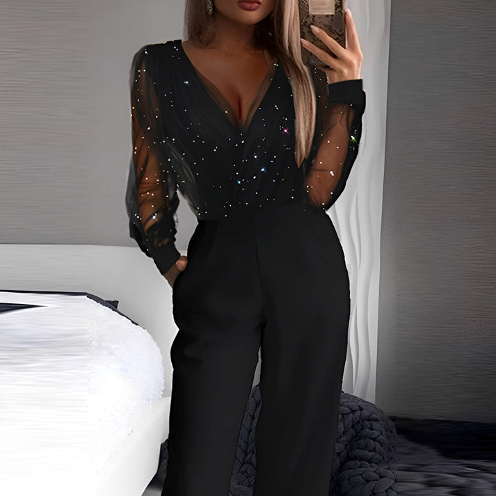 Eleganter Damenoverall mit weitem Bein und Glanzoptik