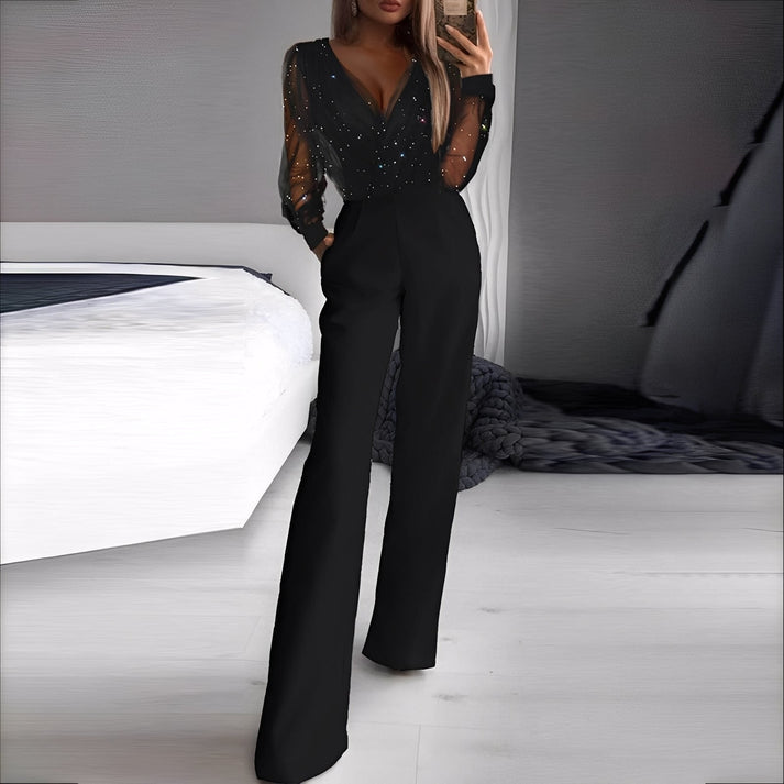 Eleganter Damenoverall mit weitem Bein und Glanzoptik