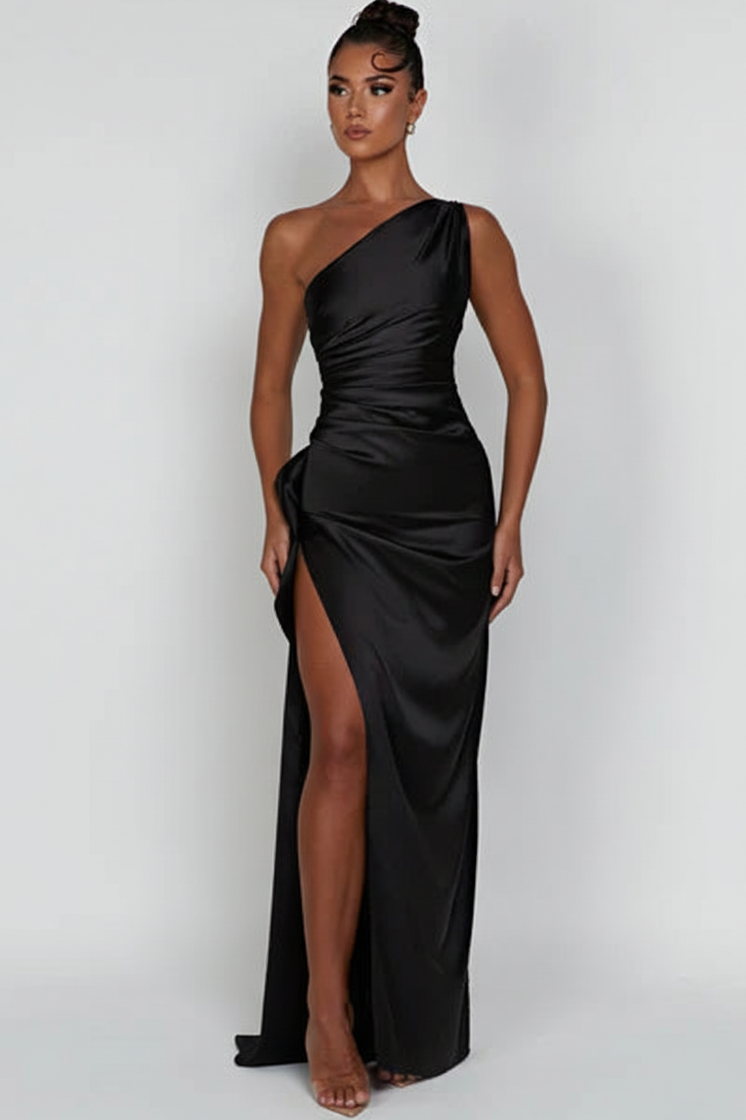 Elegantes One-Shoulder Bodenlanges Kleid mit hohem Schlitz