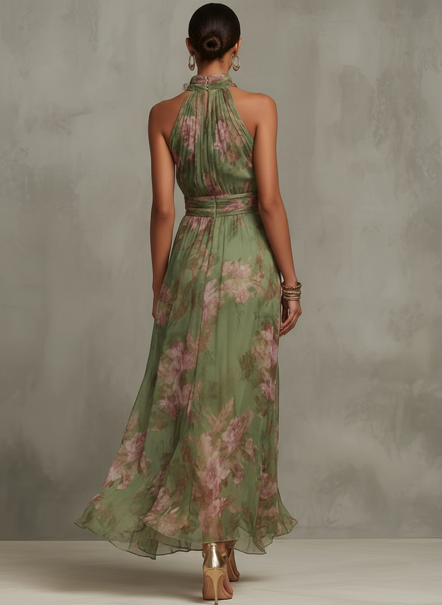 Elegantes bodenlanges Kleid mit Neckholder-Ausschnitt und Blumenmuster
