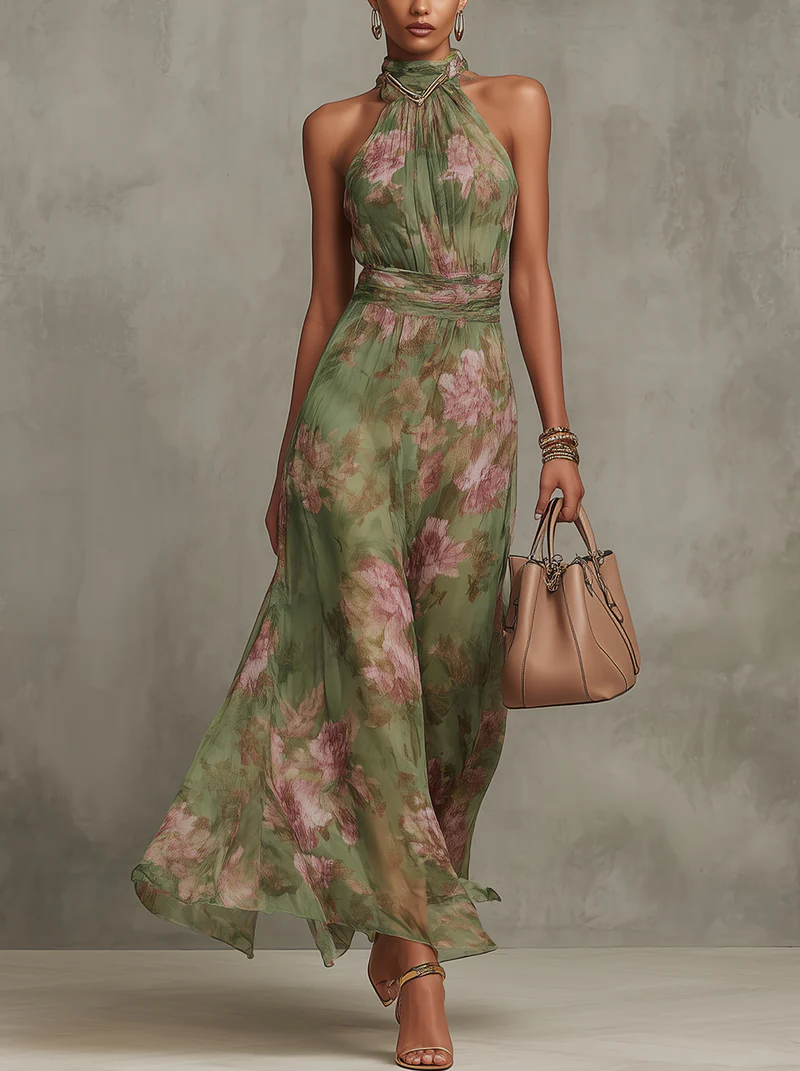 Elegantes bodenlanges Kleid mit Neckholder-Ausschnitt und Blumenmuster