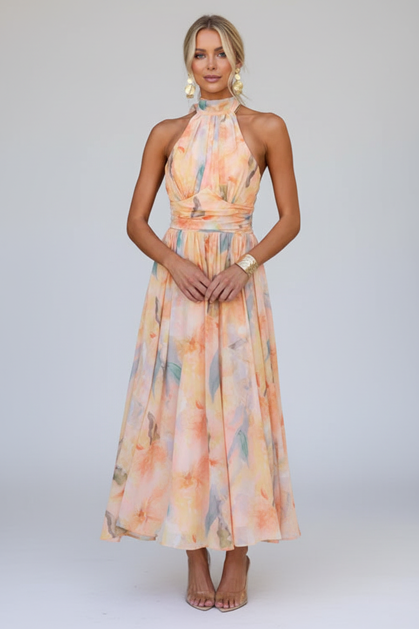 Elegantes bodenlanges Kleid mit Neckholder und offenem Rücken