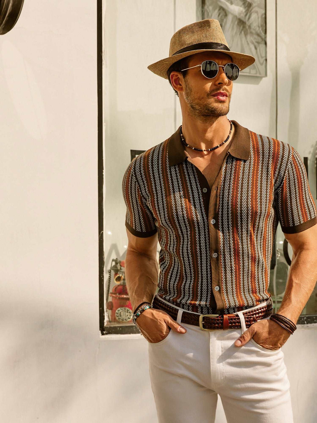Herren Hemd mit Streifen kurze Ärmel retro