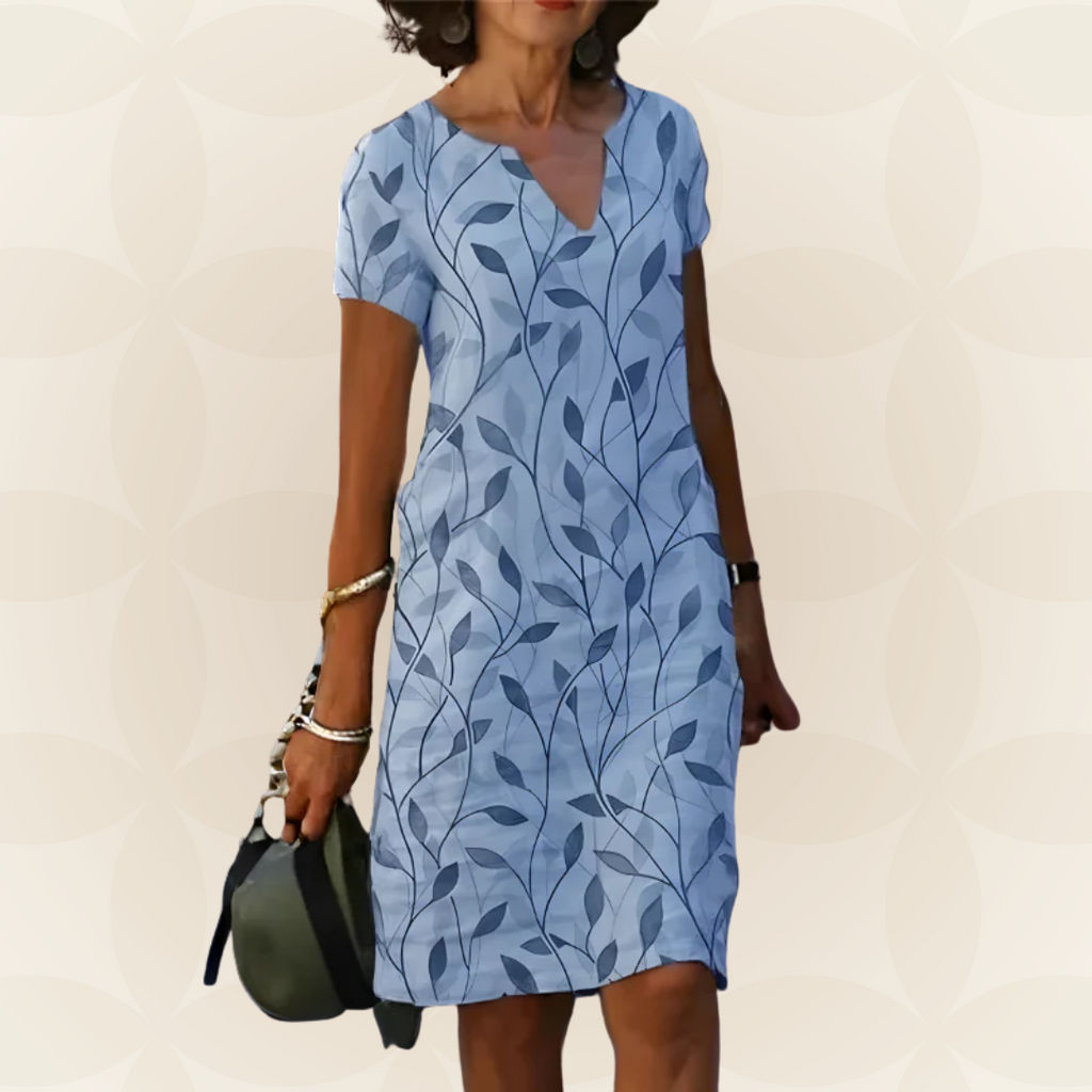 Kleid mit Blättermuster und kurzen Ärmeln