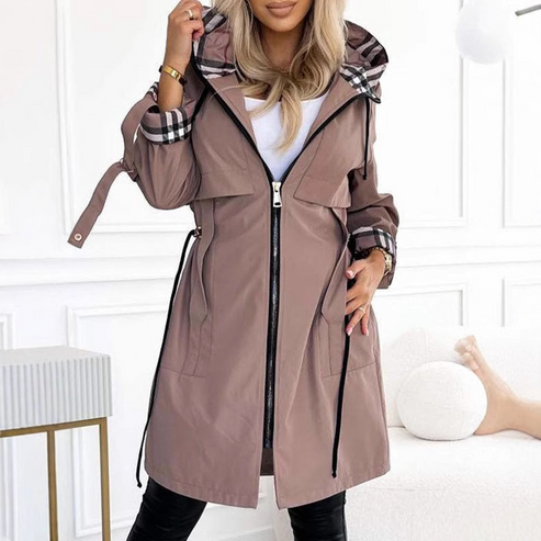Lange Damen Jacke mit Kordelzug und Reißverschluss