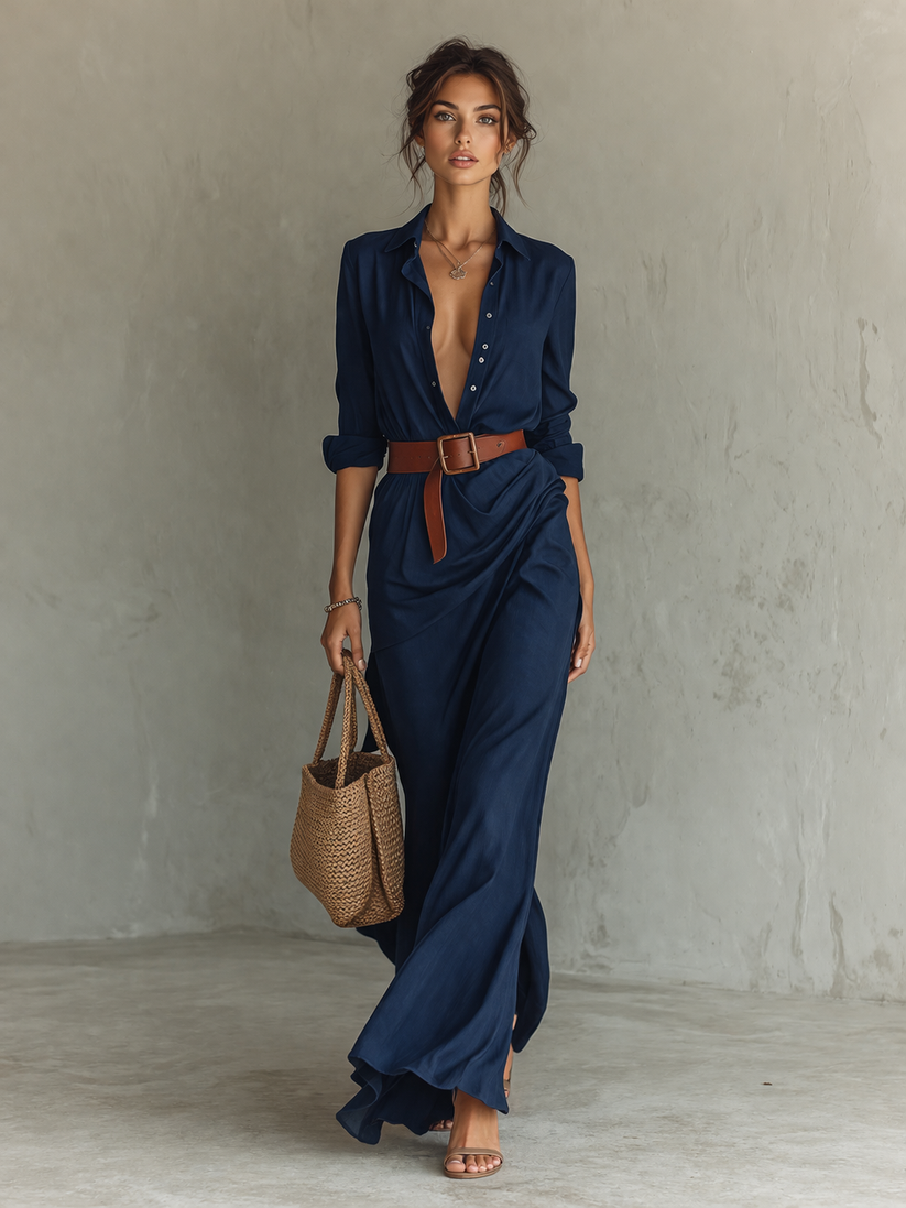 Langes Damen Kleid mit Knopfleiste vorne