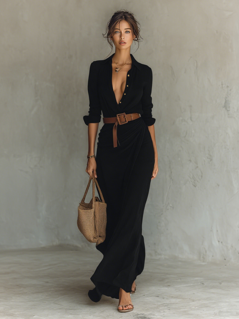 Langes Damen Kleid mit Knopfleiste vorne