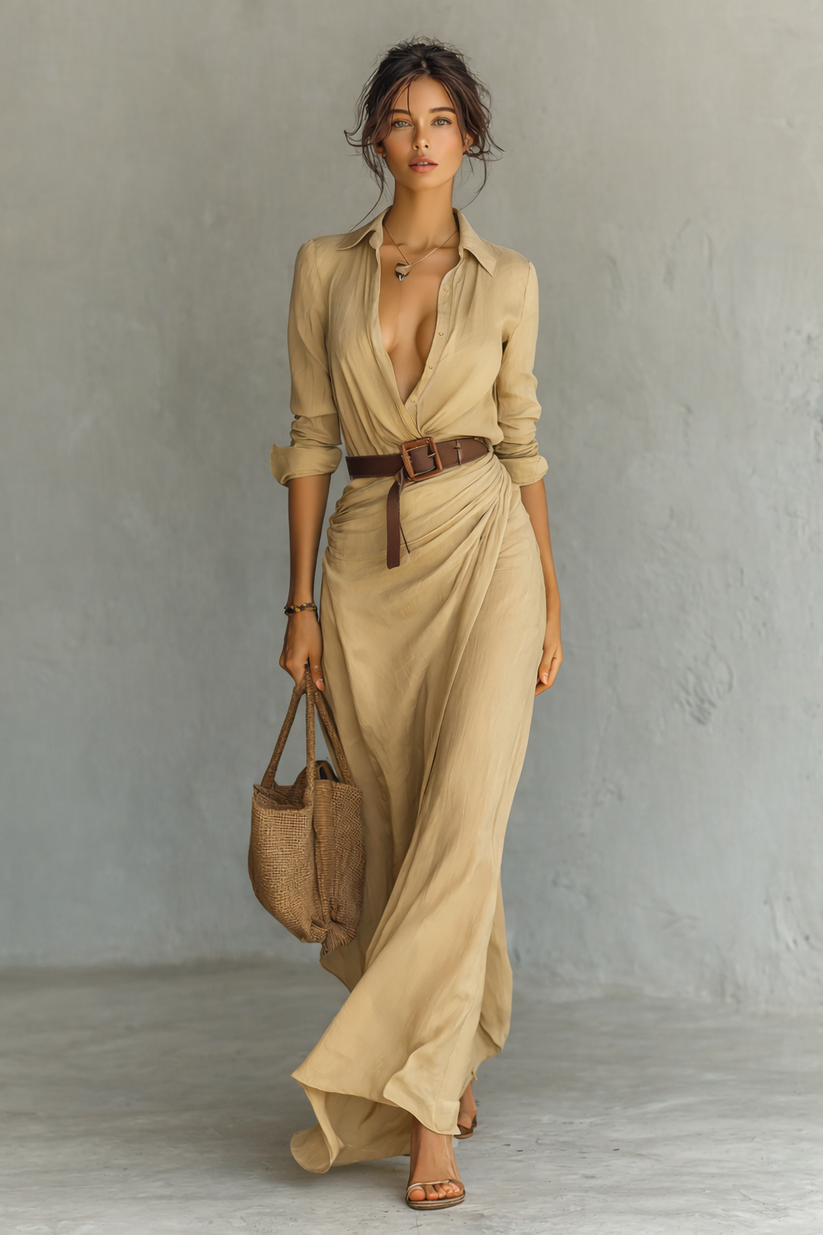 Langes Damen Kleid mit Knopfleiste vorne
