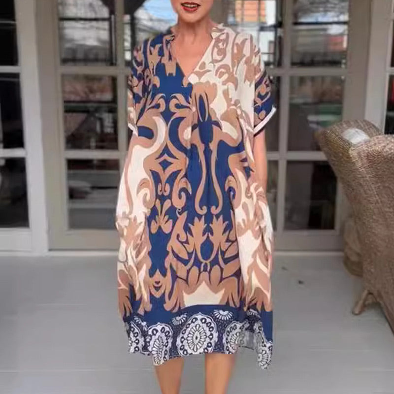 Lässiges wadenlanges Kleid mit V-Ausschnitt und Print