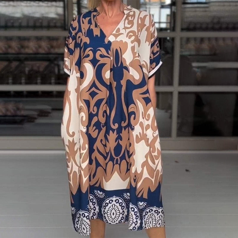 Lässiges wadenlanges Kleid mit V-Ausschnitt und Print