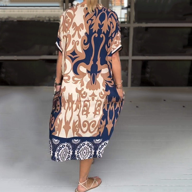 Lässiges wadenlanges Kleid mit V-Ausschnitt und Print
