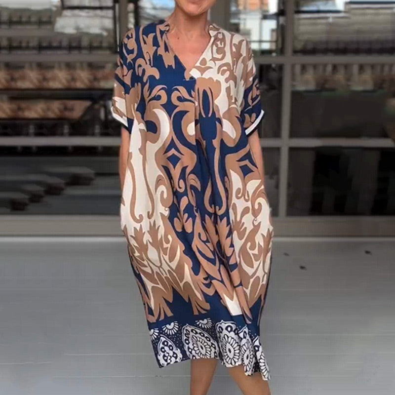 Lässiges wadenlanges Kleid mit V-Ausschnitt und Print