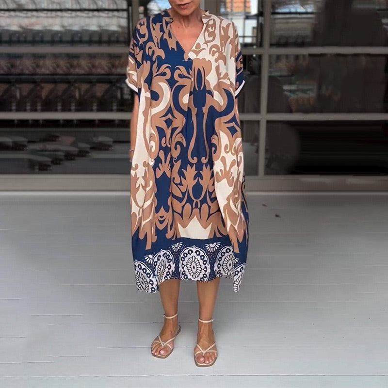 Lässiges wadenlanges Kleid mit V-Ausschnitt und Print