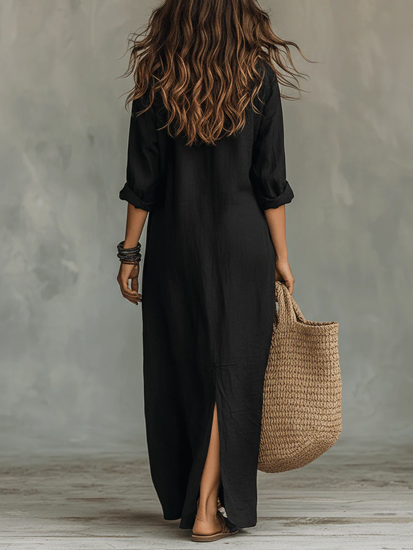 Locker fallendes bodenlanges Kleid mit Knopfleiste